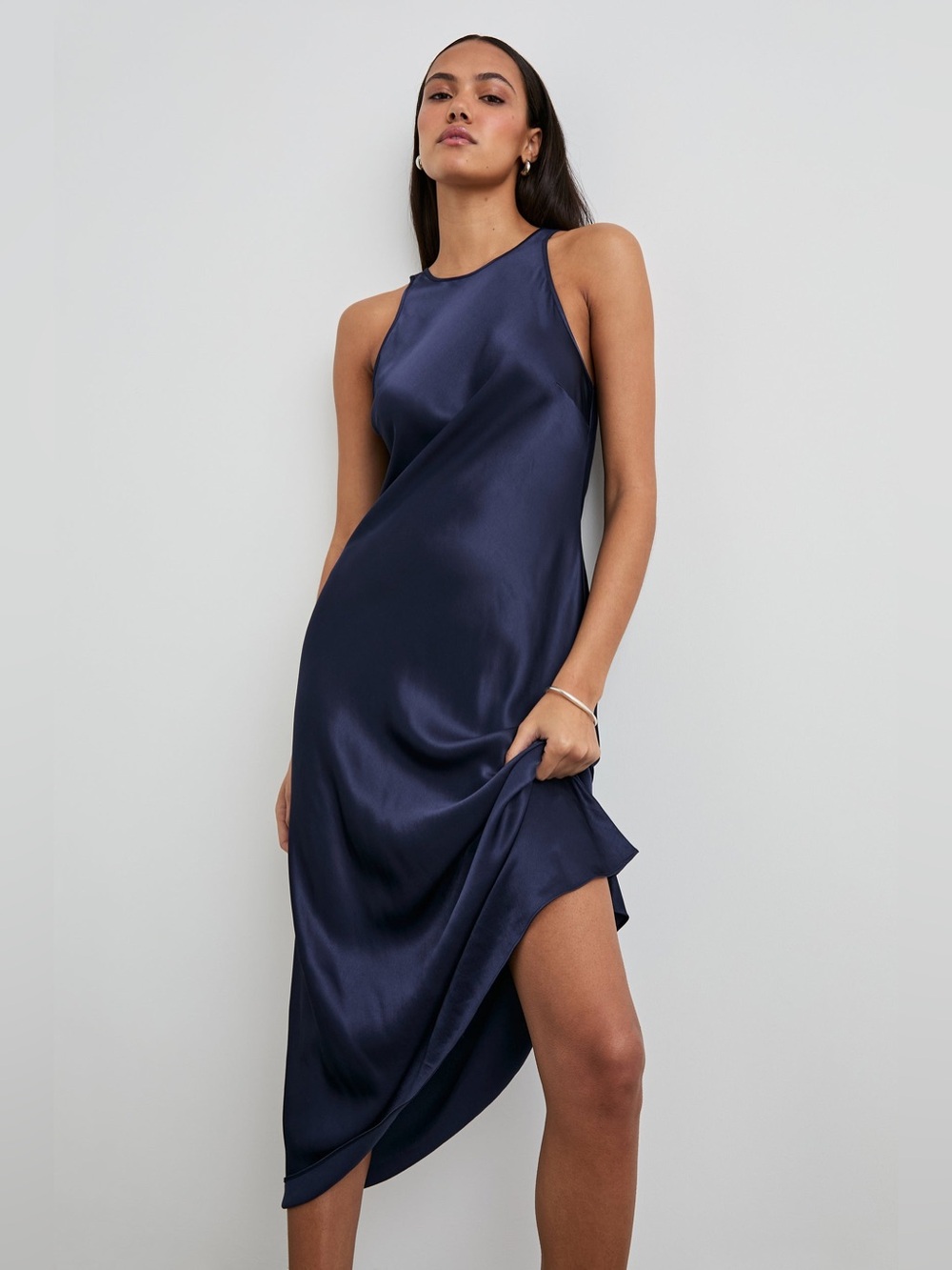 Rails Solene Navy Blue Midi Lightweight Satin Sleeveless Dress - Picture 2 of 12